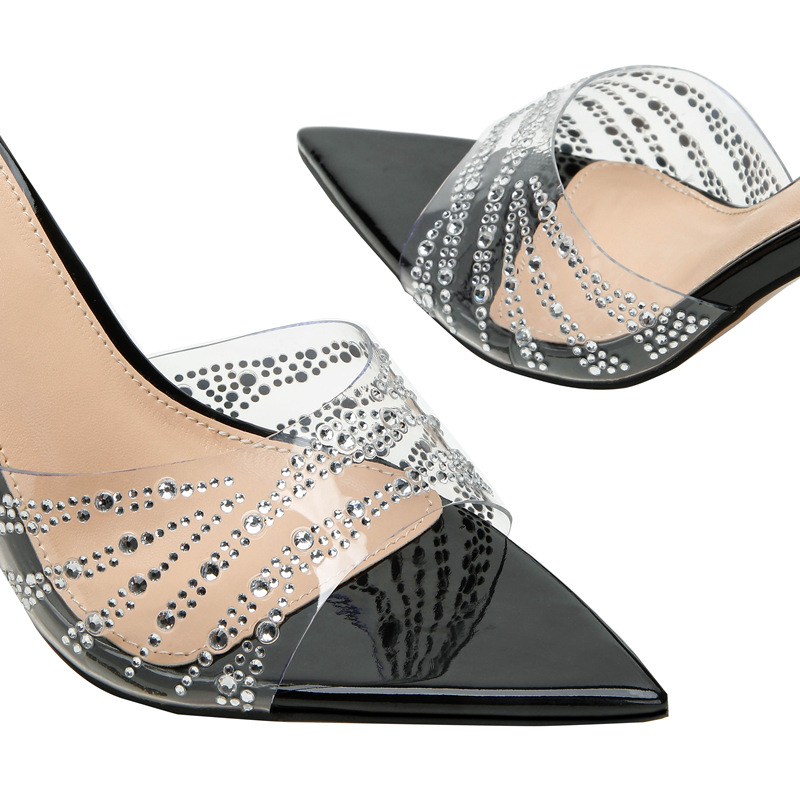 Chinelos de salto alto com strass para mulheres, sandálias transparentes de salto alto pontudo W50_8290312653
